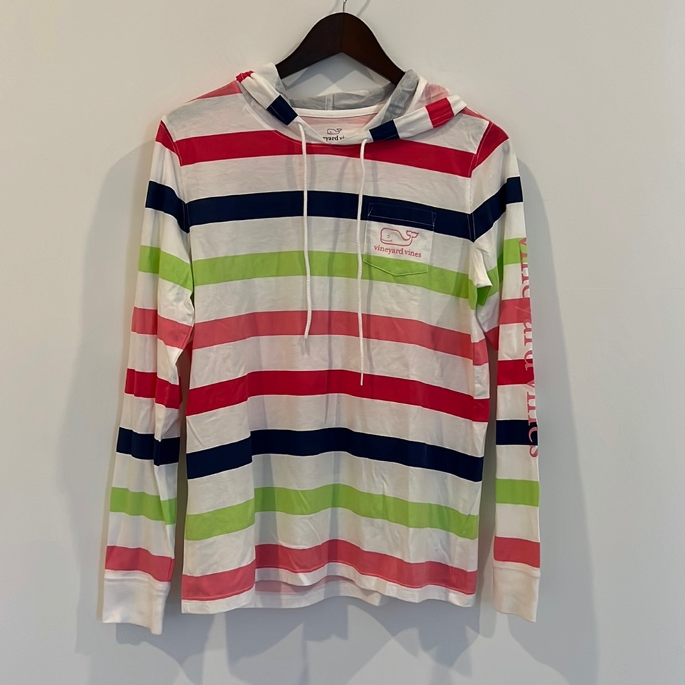 Vineyard Vines Navy, Green, Pink & White Striped Hooded Shirt. Size S